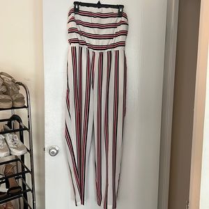 Express strapless red black and white stripe jumpsuit